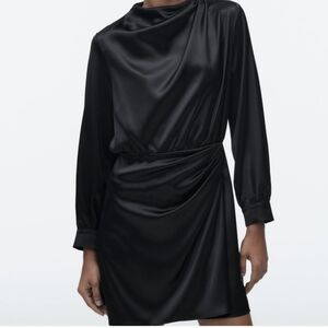 EUC Zara Elegant Black Satin Long Sleeve Dress